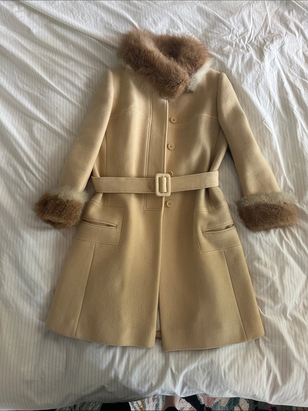 VTG 1960s Jackie Stuart Fur Trim Wool Princess Coat Tan Junior Petite ILGWU